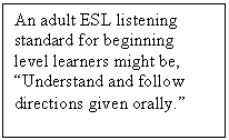 Text Box: An adult ESL listening standard for beginning level learners might be, “Understand and follow directions given orally.”