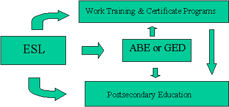 This graph shows transition paths for adult English Language learners: to  training programs, ABE or GED, or to postsecondary education.