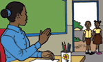 Drawing of teacher talking to students